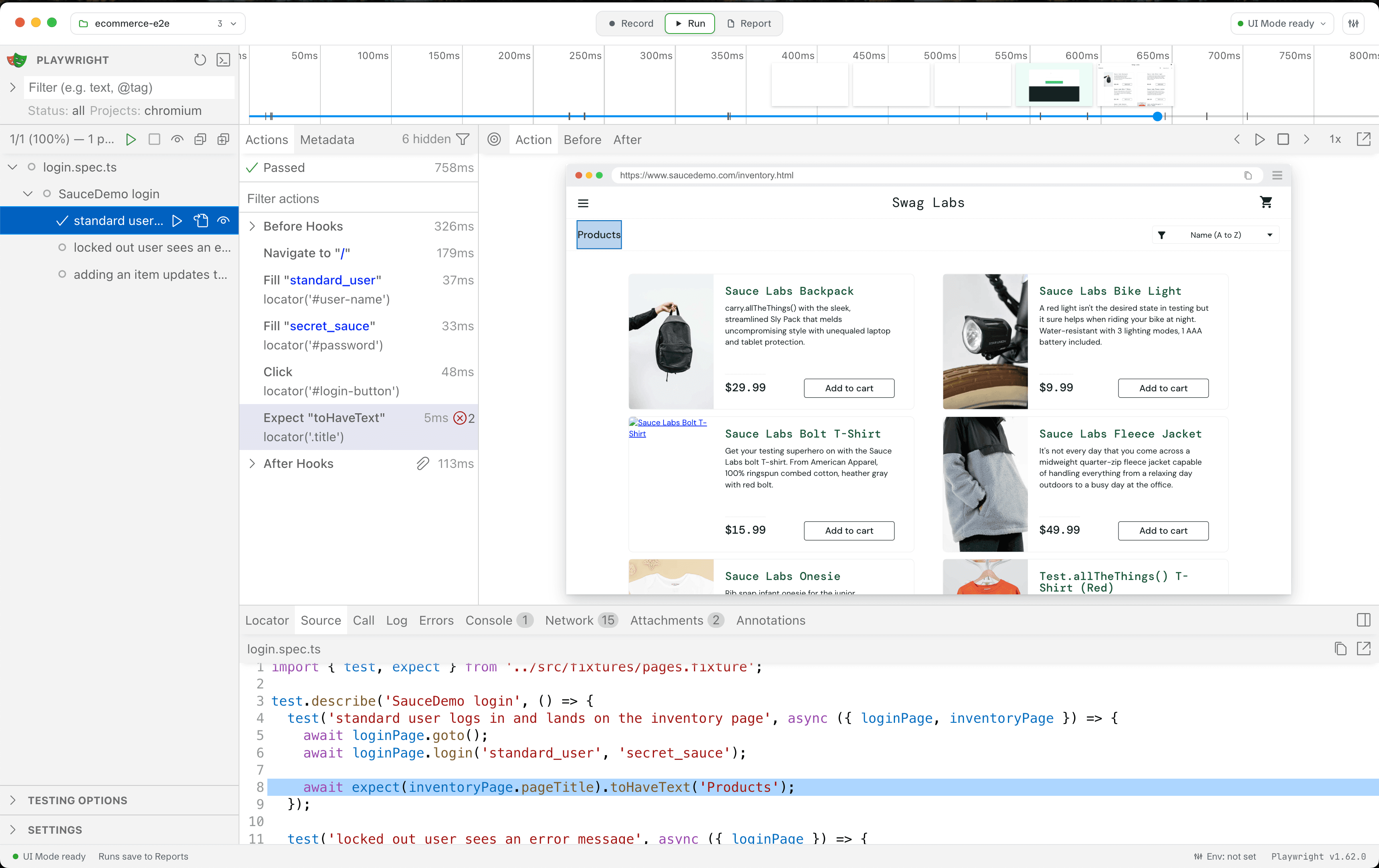 The Run destination hosting Playwright UI Mode with a passing login test selected, its action list and a page snapshot