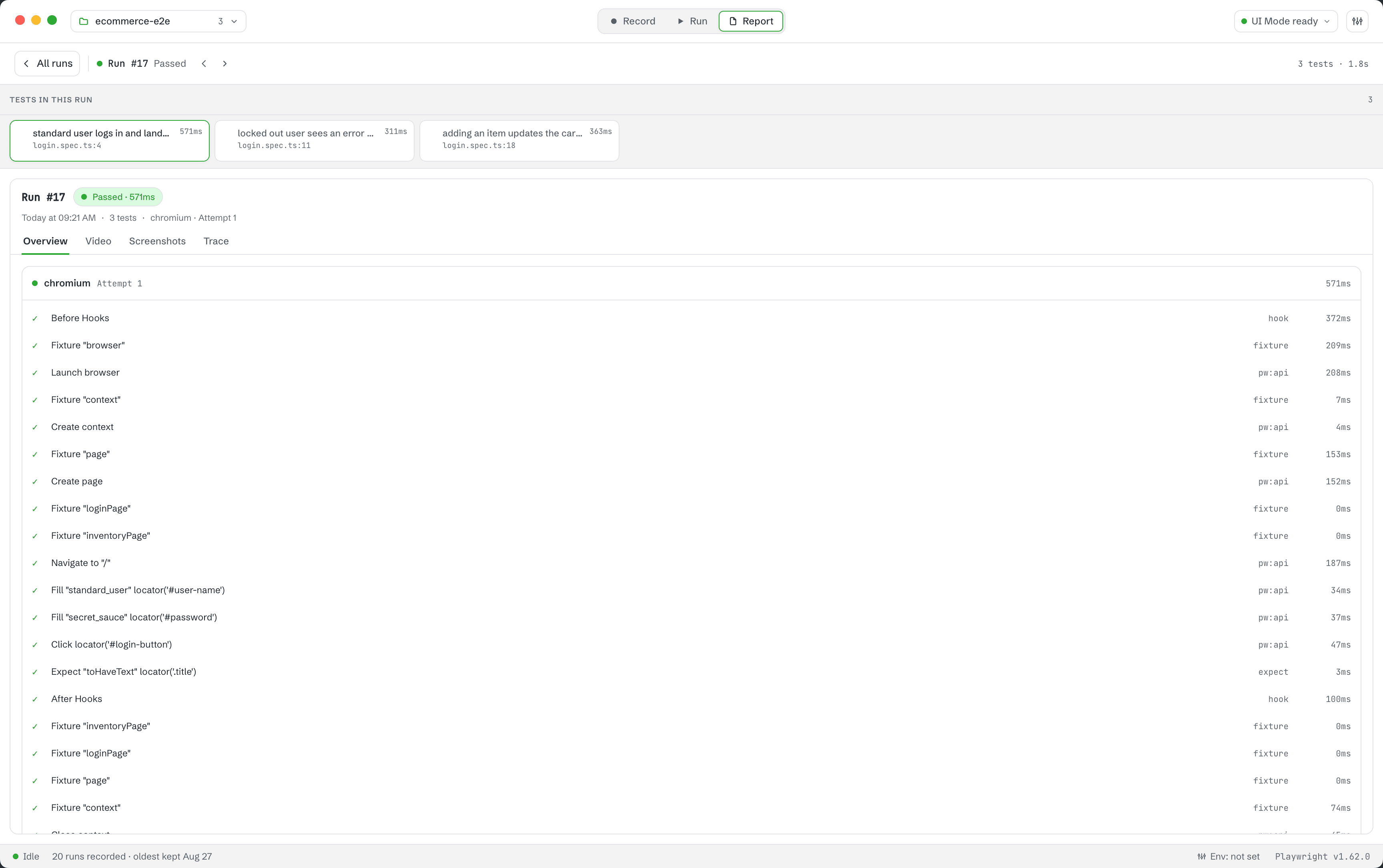 A recorded run opened in the Report destination with its tests, step-by-step overview and tabs for video, screenshots and trace