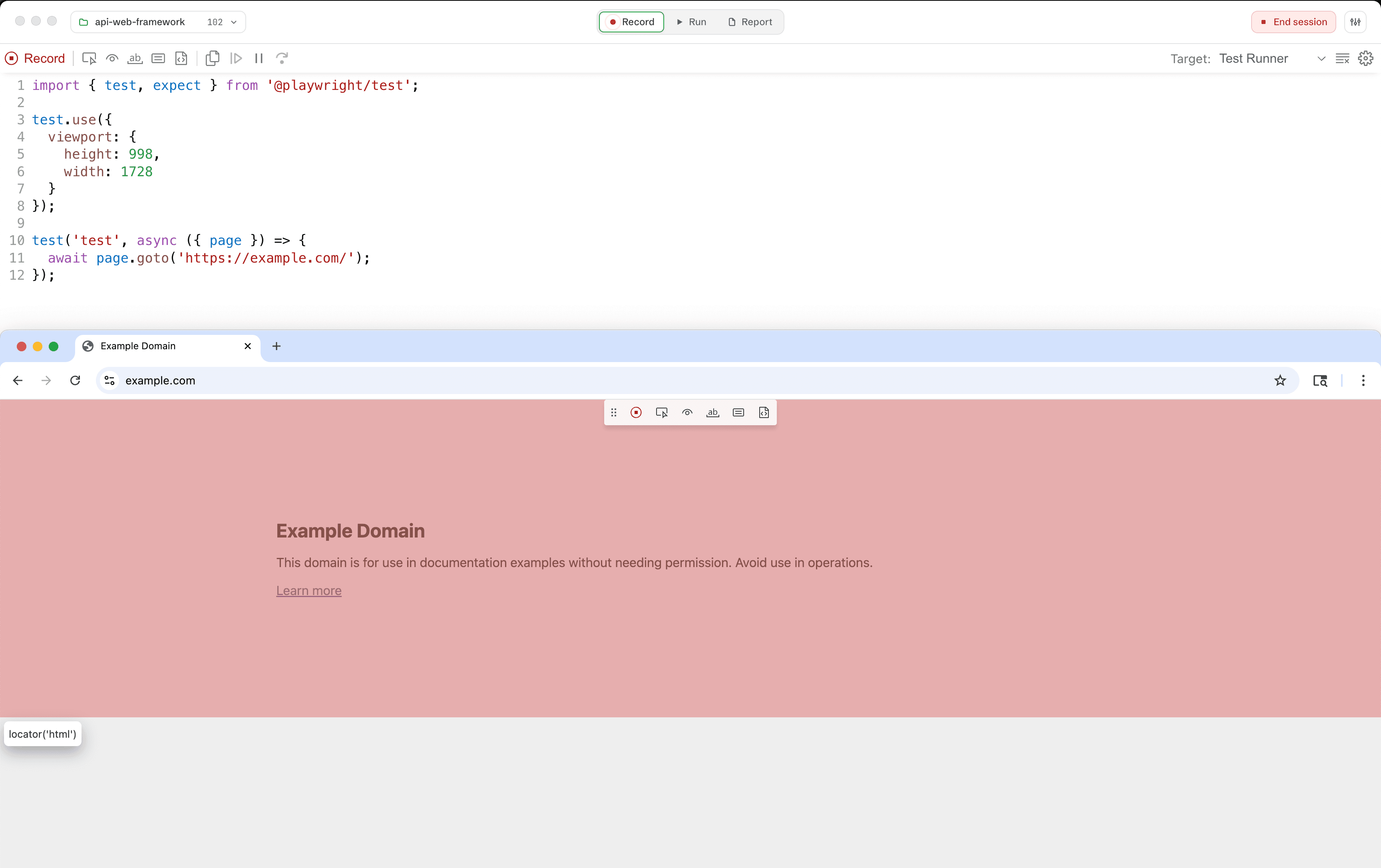 An active Record session with Playwright's Inspector generating test code inside Wrightbench, the headed browser recording example.com and an End session control in the titlebar