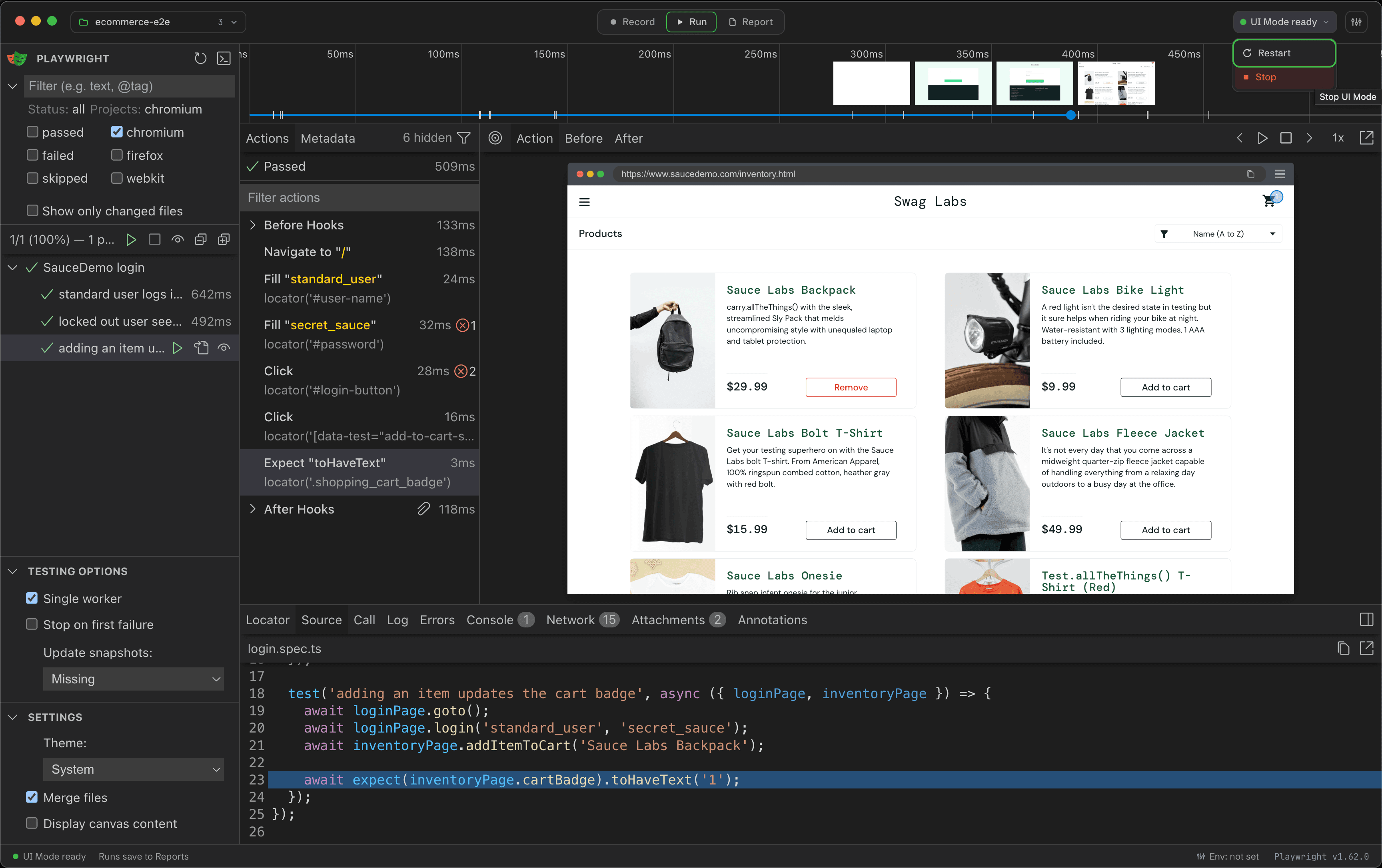 Playwright UI Mode inside Wrightbench with status and project filters, testing options and a passing test suite, plus the UI Mode status control in the titlebar