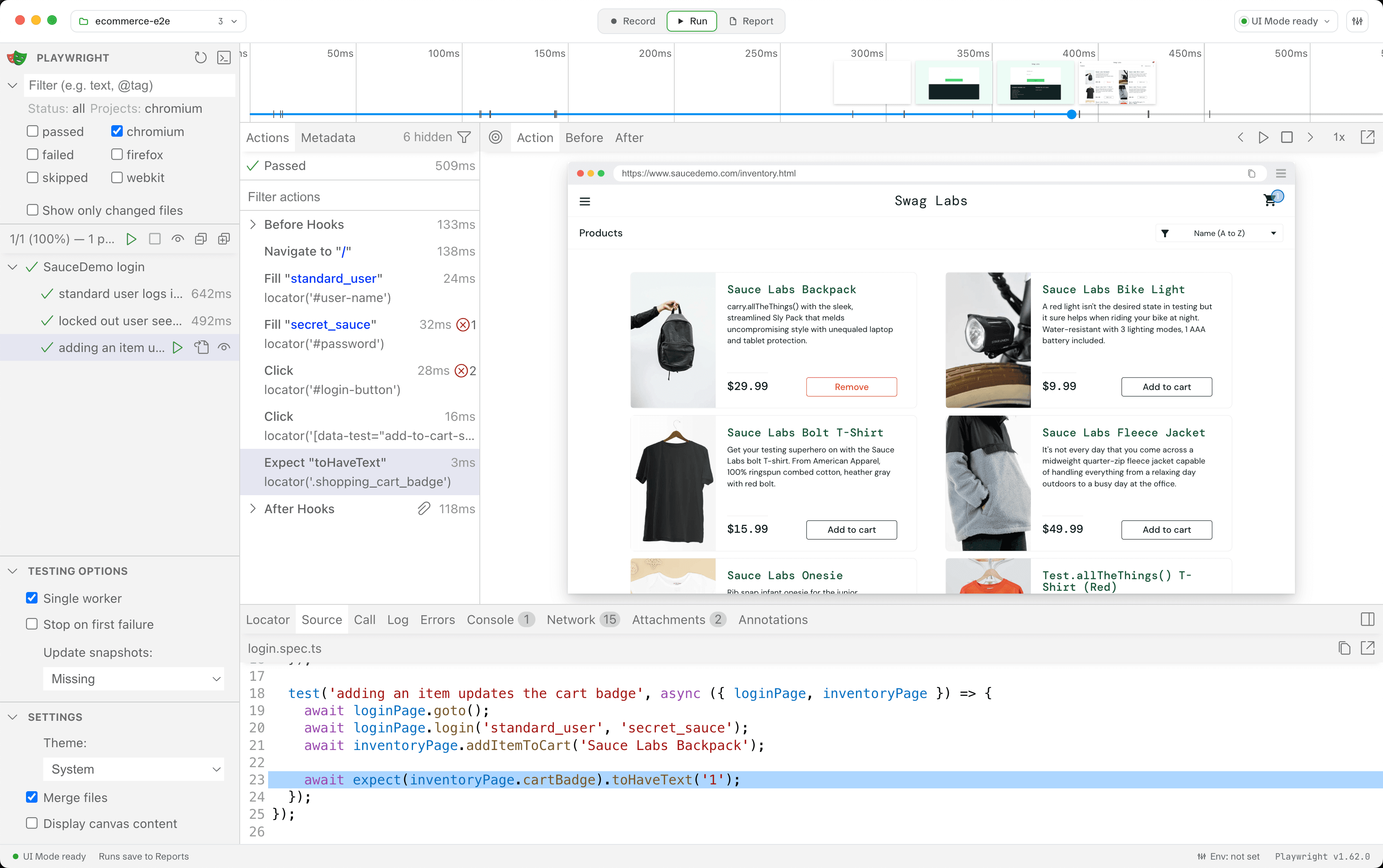 Playwright UI Mode inside Wrightbench with status and project filters, testing options and a passing test suite, plus the UI Mode status control in the titlebar